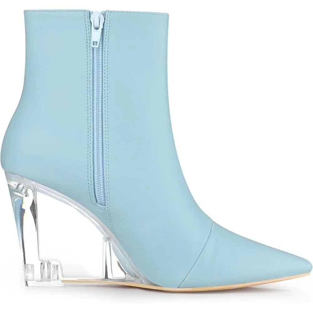 Allegra K Sky Blue Clear Heel Wedge Ankle Boots 8 Pointed Toe EUC